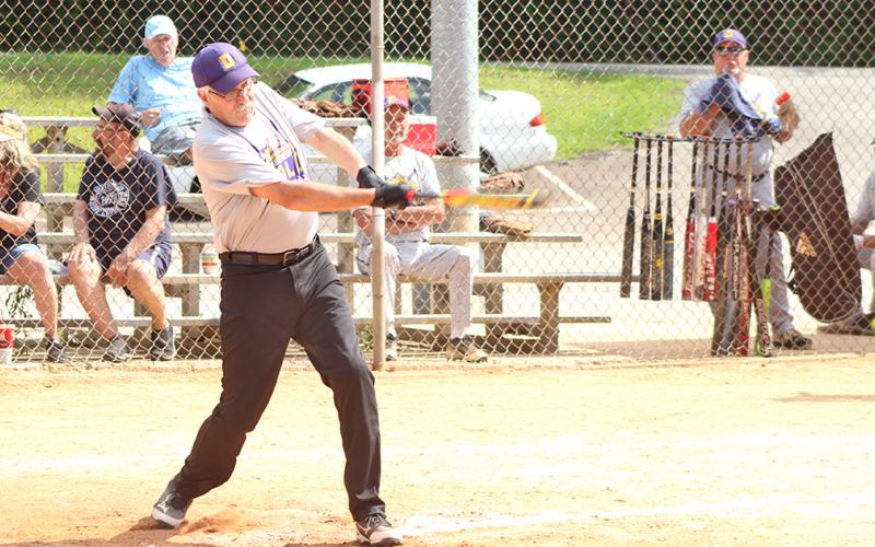 Jim “Junkyard Dog” Ehlers connects for one of his four hits in the first game of a two-game set versus the Franklin Old Bones. Ehlers went 4-for-4 at the plate for Dahonega Gold in game one.