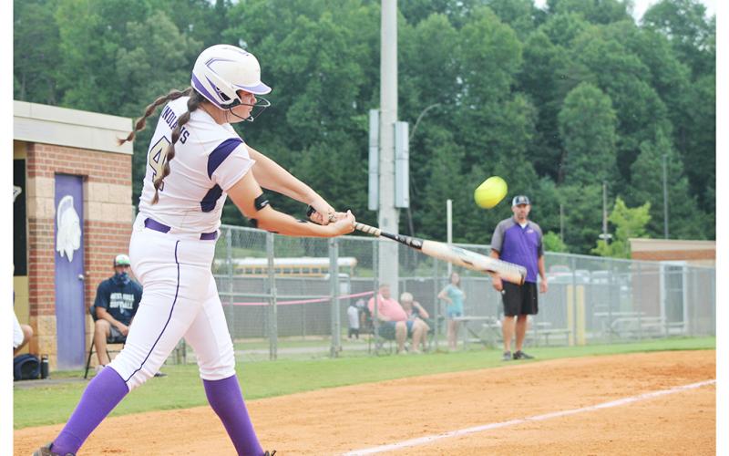 Grace Jones delivers a bases-clearing double in Lumpkin’s 15-0 run-rule victory over the West Hall Lady Spartans last week.