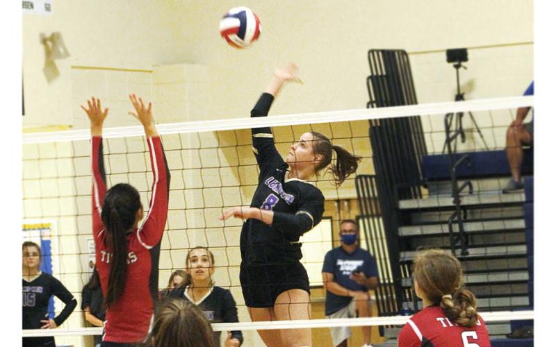Lady Indians player Makenzie Caldwell records a kill against North Oconee. Caldwell was instrumental in Lumpkin’s victory over North Oconee last week and in the team’s historic 12-1 start to the 2020 season.