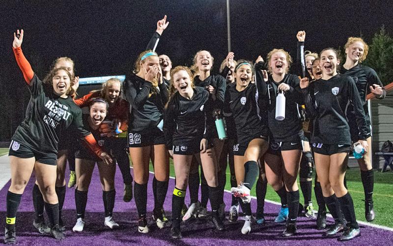 The LCHS varsity girls soccer team celebrates its 10-0 win over Chestatee High School on Tuesday, Feb. 9. The team finished off their opponents via mercy rule thanks in large part to a Nicole Limehouse hat trick.