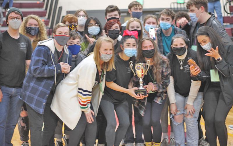 The LCHS One-Act Team, led by Drama Teacher Colleen Quigley Martin, celebrate their State Championship win at the GHSA One-Act Play AAA State Championships in Perry on Saturday, Feb. 20.