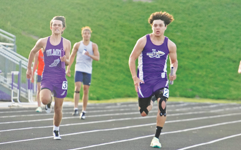Tavion Lawrence makes a final push for position as the last leg of the LCHS Boys 4x100 team. Lawrence anchored the Indians to a fifth place finish, just .11 seconds behind fourth place with a time of 46.62.