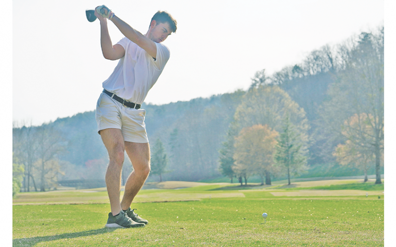 LCHS Senior Jones Harris takes a swing during a recent match at Achasta. Harris finished his Lumpkin athletic career by shooting a career-best round in the Area Tournament last week.