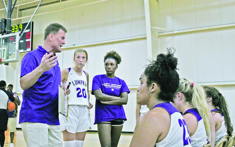 Lumpkin County High School Girls Basketball head coach David Dowse coaches up his team during a break in the action at the GBCA NCAA Evaluation Team Camp this past weekend.