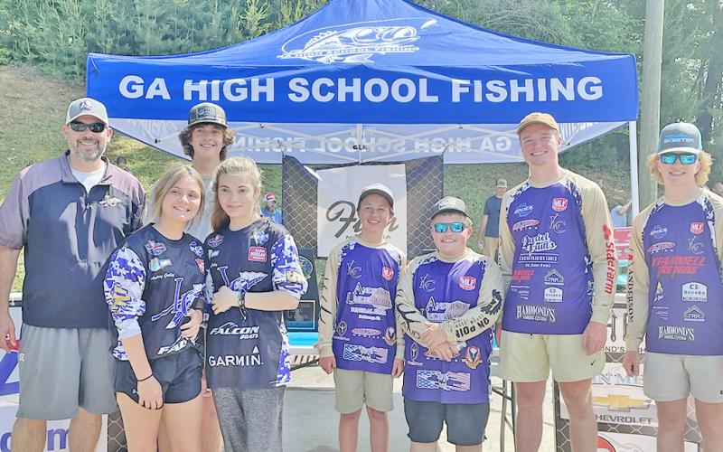Members of the Lumpkin County High School Bass Fishing team competed in three different leagues of bass fishing this season, with the majority of the team competing in Georgia High School Fishing (GHSF). Pictured are head coach Joseph Jones, sisters Audrey and Lyndsey Gailey, Levi Self, Cooper McDonald, Jake Barrett, Scooter Ligon and Tyler Boggs.