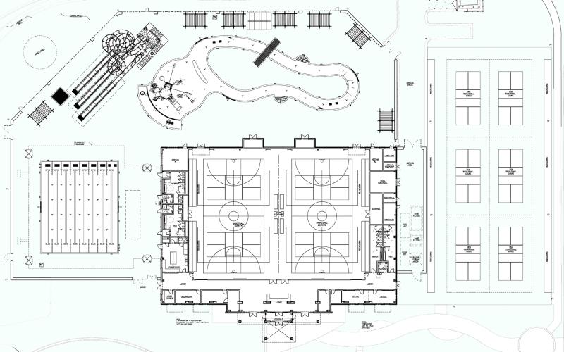 The latest proposed pool design shows an 8-lane pool, children’s play area, lazy river section, water slides, pickleball courts, and basketball courts.