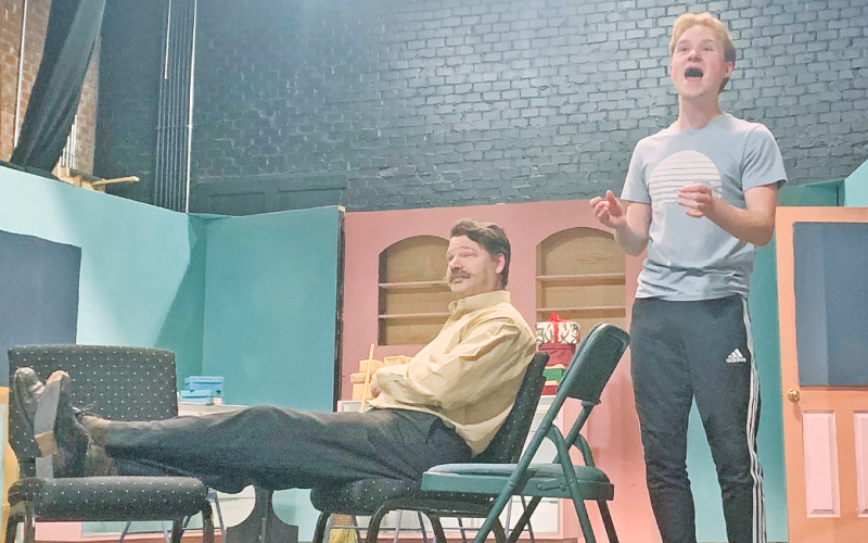 William Mahnken, left, and Spencer Dow rehearse a spirited scene from the play "She Loves Me."