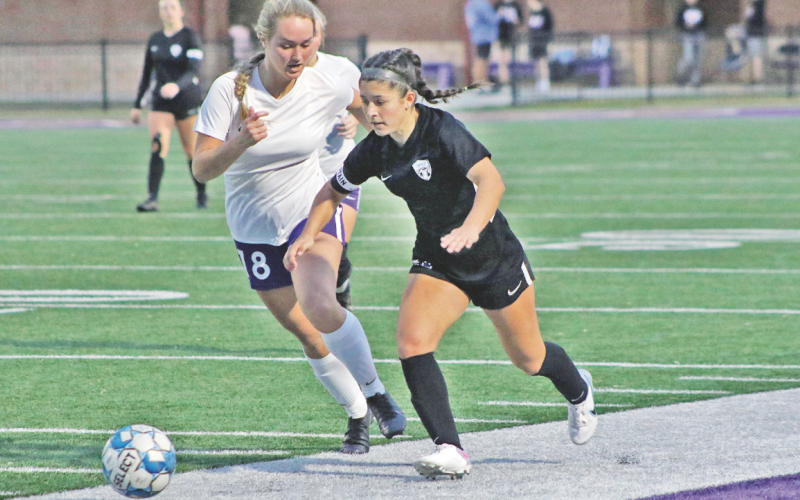 Lumpkin’s Nicole Limehouse goes on an offensive run during the team’s home game last week. She had goals in both games to help the Lady Indians earn a pair of victories.