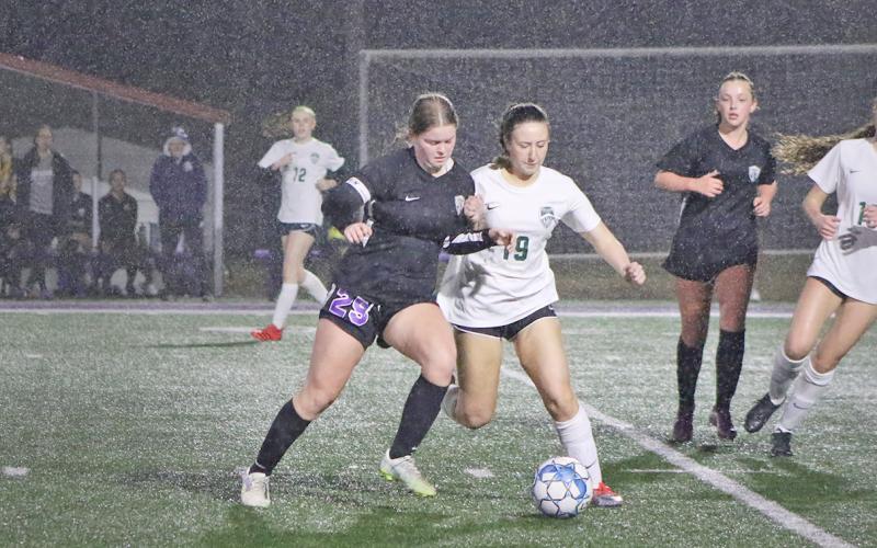 Lumpkin County’s Rae Lynn Myers makes a defensive play on the ball against North Hall. Myers was chosen as Lumpkin’s player of the match. (Photo by Cannon Crompton)