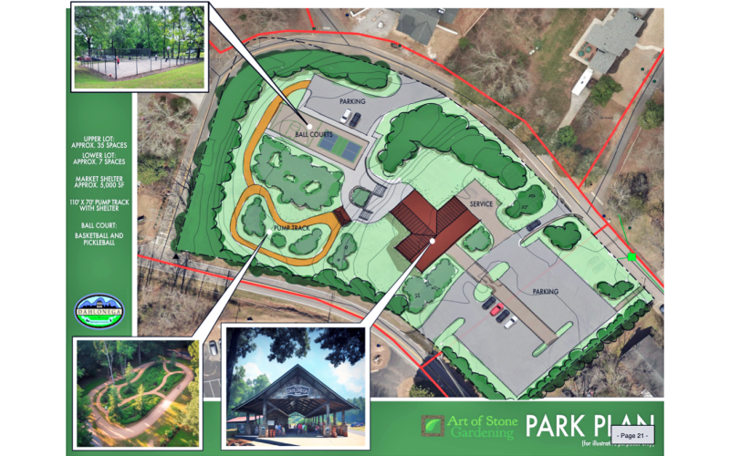 An artist’s concept for a proposed park at the old kindergarten property on 147 North Park Street depicts parking, a shelter, a bicycle pump track and two ball courts.
