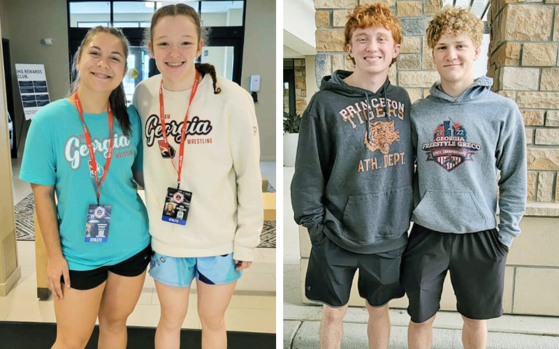 LEFT: Gwendalyn Wight and Nora Garbuzovas prepare for their big day at the competition in Fargo.  RIGHT: Austin Marshall and Nathan Nielsen arrive in Fargo for their national competition.