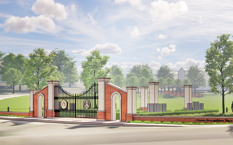 A preliminary artist’s rendering depicts a dual gate that may be added at the east entrance to the drill field on the UNG campus. The gate will be largely ceremonial, however, as the area is expected to remain open to the public except during corps activities.