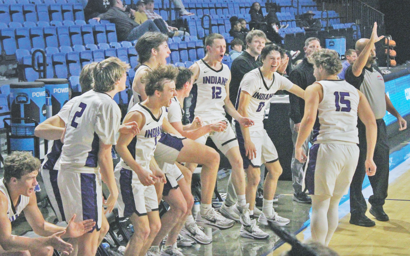 Lumpkin County players celebrate a score on the UNG home court during their game against Commerce on Saturday.