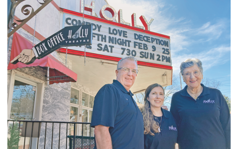 The Holly Theater is welcoming new leadership for this year, including, from left, 2024 Chairman of the Board David Robertson and new General Manager Sarah Jane Christopher. Also pictured, Chairman Emerita Dr. Ivana Pelnar-Zaiko.