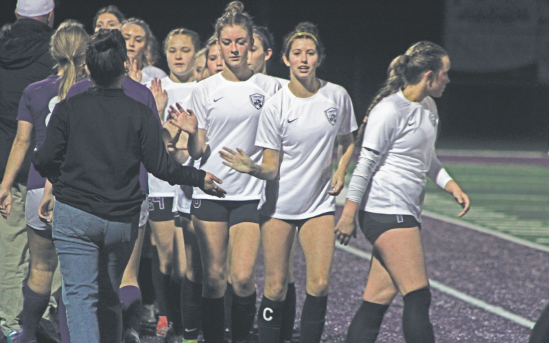 Andrea Limehouse and her teammates high-five the opposing Panthers after a recent game.