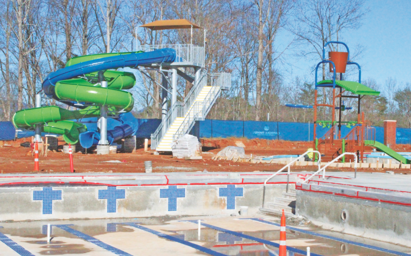 Construction continues at the Pinetree Recreation Center; County Manager Alan Ours said a May 11 grand opening for the facility is anticipated, weather permitting.
