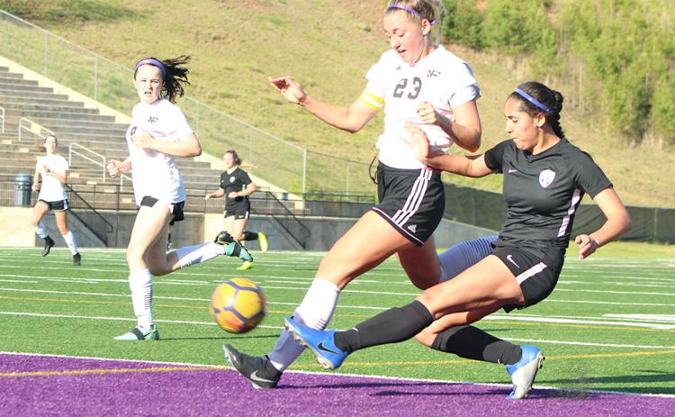 Striker Hope Kenney gets deep into North Forsyth territory on her way to her second goal in the Lady Indians’ 3-1 victory over the Lady Raiders last week. Kenney broke the program’s  single-season scoring record with 33 goals and eight assists in the 2019 regular season.