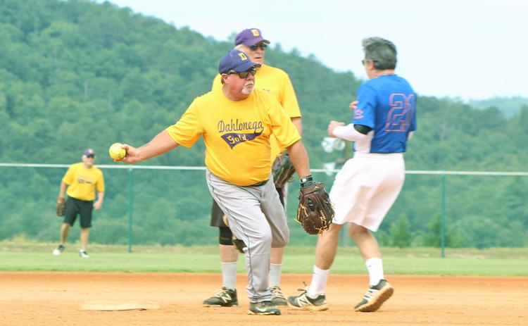Dahlonega Gold player Mike “Walloping” Williams thinks about turning a double play after getting an unassisted out at second base versus the Lakers in league play.