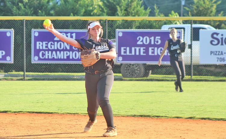 Lumpkin County second baseman Alyssa Pulley throws the ball to first base for an out after making a nice defensive play.
