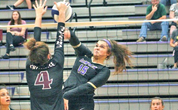 Lumpkin County’s Reagan Spivey goes up strong at the net to score a point versus Chestatee last week.