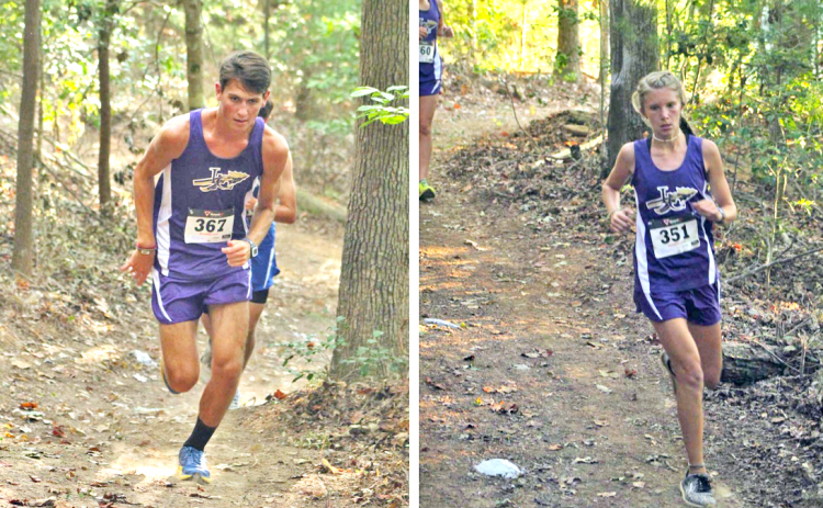 LEFT: Kyle Trammell makes his way uphill on a grueling course at the Indian Invitational. Trammell led the Indians with a fifth place overall finish. RIGHT: Abbie Hilchie makes her way through a difficult part of the course on her way to a first place finish at the Indian Invitational.