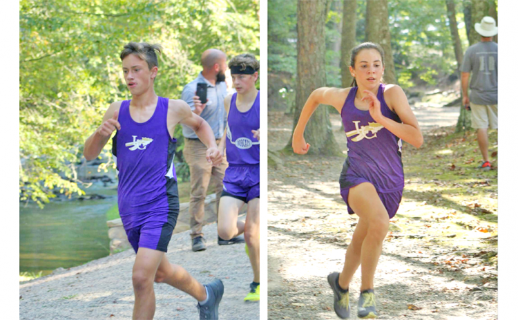LEFT: Wyatt Windham runs over the bridge at Meeks Park during the Mountain League Championship Meet. RIGHT: Ryann Jones picks up the pace on the final stretch of the Mountain League Championship.