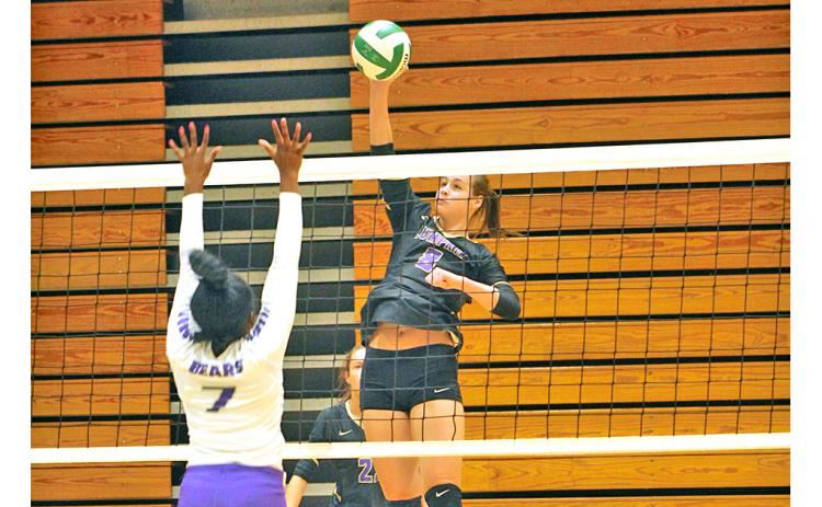 Lady Indians player Makenzie Caldwell gets up high to put a powerful spike on the ball. Caldwell was one of two Lady Indians to be named to the All-Area Team.