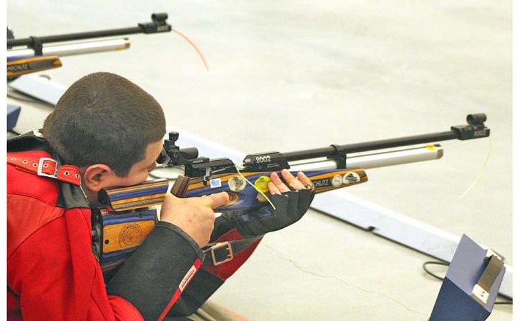 Lumpkin rifle team member Levi Caldwell sets his sights on his target during a recent match. Caldwell shot 267 in the Indians’ win over Parkview last week.