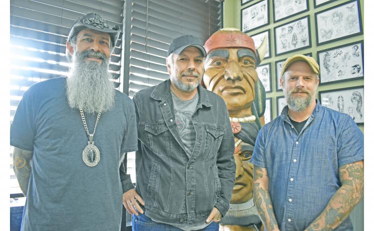 The three owners of Holy Mountain Tattoo (pictured from left) Lil’ D, Sergio Lindop and Brian Snape searched for a good location for over two years, before settling on Dahlonega. Between them and the other tattoo artists they employ, they can do just about any style tattoos.
