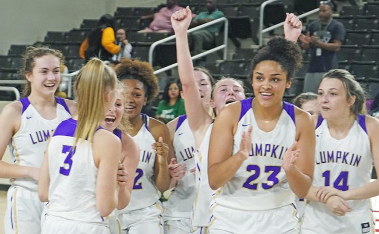 The LCHS Girls Basketball team celebrates after clinching the first state championship berth in school history on Saturday after taking down Westminster, 64-42. The Indians will play for a state championship on Friday in Macon at 1 p.m.