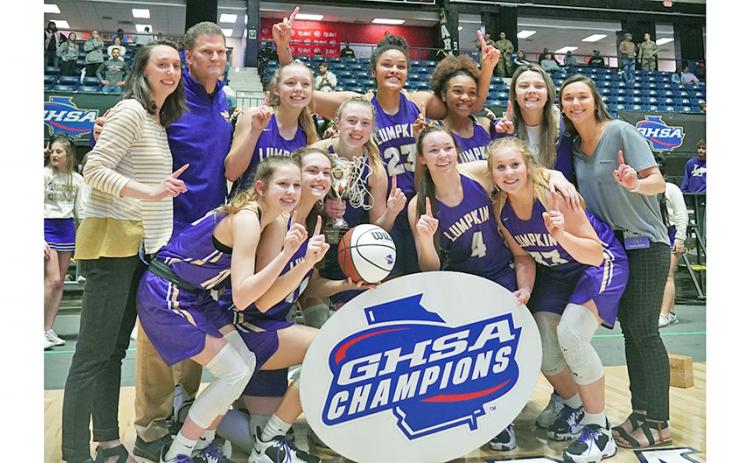 Setting records all the way, the Lumpkin County Girls Basketball team, with an overall record of 30-1, completed its mission by winning the GHSA State Championship in Macon on Friday, defeating GAC in the final seconds, 51-47.