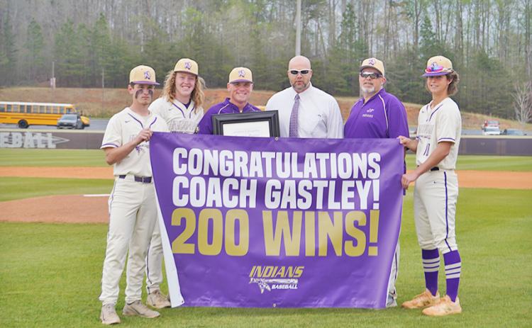 LCHS Baseball head coach Jonathan Gastley earned his 200th win on Monday, April 11 at Gilmer County when the Indians won 6-2.