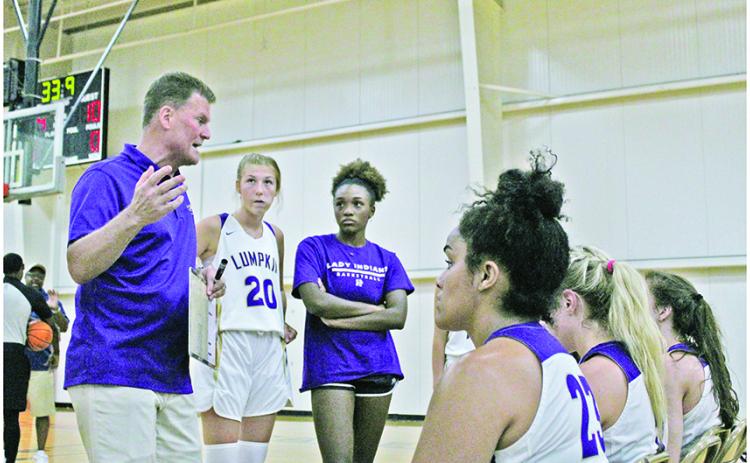 Lumpkin County High School Girls Basketball head coach David Dowse coaches up his team during a break in the action at the GBCA NCAA Evaluation Team Camp this past weekend.