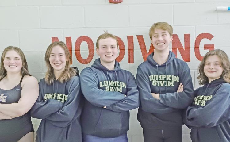 Lumpkin swimming team seniors pictured (from left) are Riley Trusty, Alana Schroeder, Luke Schofield, Cole Fox and Madeline Kearney. (Photo courtesy of Luke Maloney)