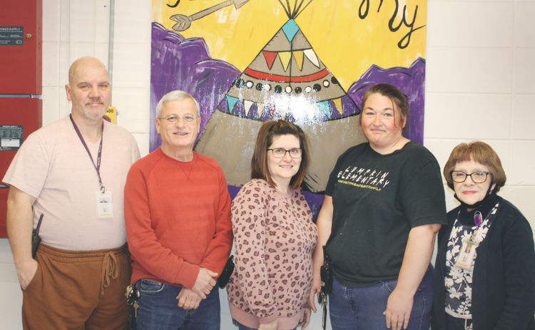 The Lumpkin County Elementary School custodial team is (from left to right) Ray Boynton, Denny Tolbert, Jill Tillman, Liza Fulton and Patricia Weidner.