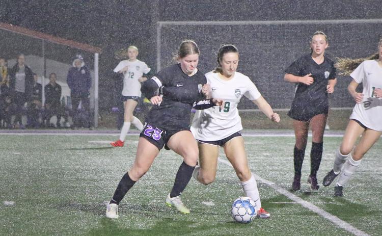 Lumpkin County’s Rae Lynn Myers makes a defensive play on the ball against North Hall. Myers was chosen as Lumpkin’s player of the match. (Photo by Cannon Crompton)