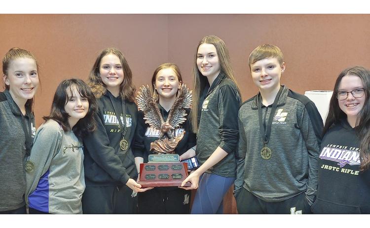Helping Lumpkin earn the title of Area Six Champion were team members (pictured from left) Laura Hoch, Ravan Moore, Brynn Foster, Liv Lusky, Maddy Moyer, J.T. Wright and Elliza Phillips.