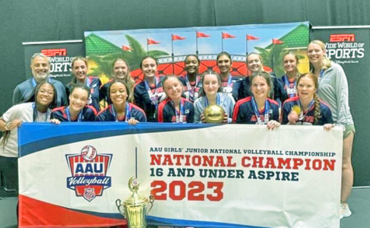 The A5 volleyball team, including local player Morgan Powell, pauses for a photo after taking first place in the AAU National Tournament. (photo submitted)