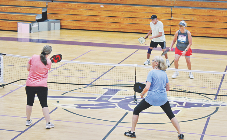 Pickleball players (foreground, from left) Tracie Grizzle and Sally Trapnell face off against the team of (background, from left) Dennis Weinman and Phyllis Gailey on an indoor court at Lumpkin County Parks & Rec.