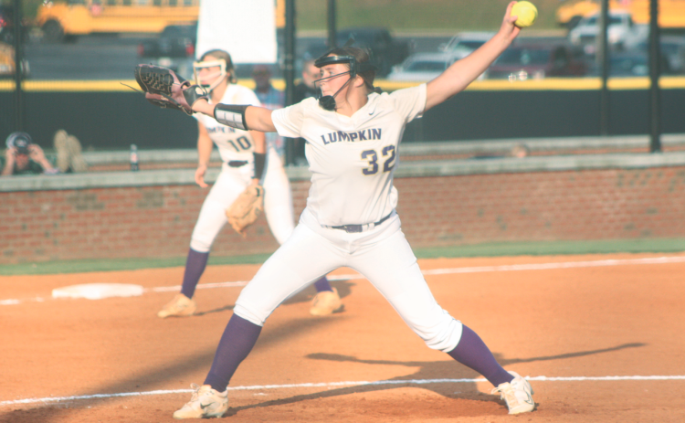 Lumpkin County’s Ava Estes delivers a pitch from the circle during the Lady Indians’ game against the Dragons.