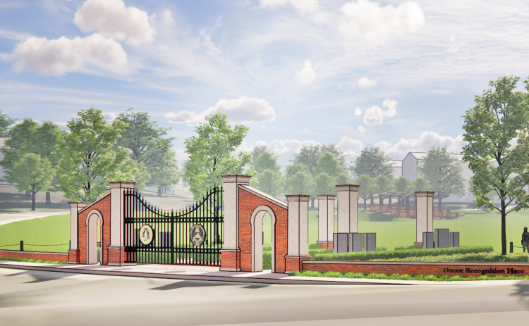 A preliminary artist’s rendering depicts a dual gate that may be added at the east entrance to the drill field on the UNG campus. The gate will be largely ceremonial, however, as the area is expected to remain open to the public except during corps activities.