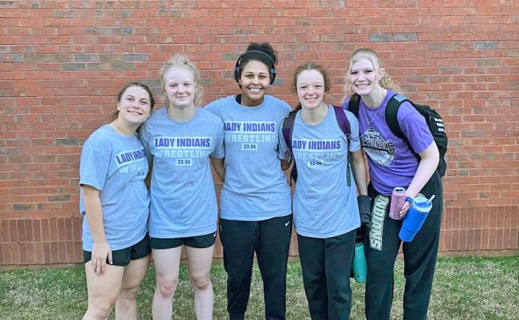 LCHS boys and girls wrestling teams advanced a total of 17 athletes to the Traditional State Championships, including (pictured) Lady Indians wrestlers Gwennie Wight, Greta Garbuzovas, Monica McClendon, Nora Garbuzovas and Maxine Sullens.